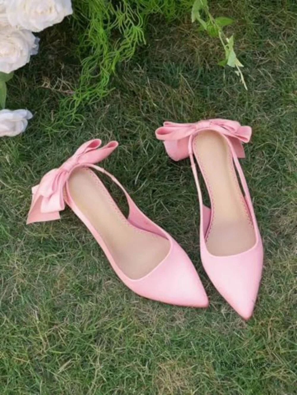 Satin Slingback Pumps with Bow Closed Pointed Toe Stiletto Heels Bride Dress